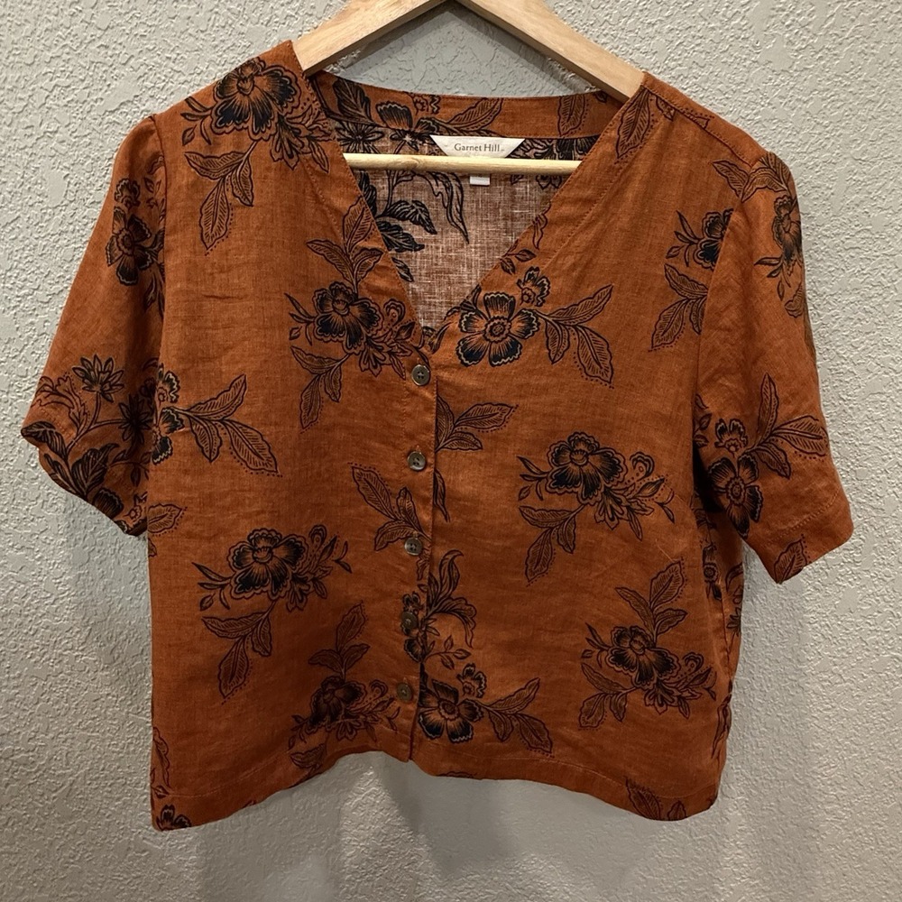 Garnet Hill 100% Linen Short Sleeve V-Neck Blouse Rust Navy Tan Small